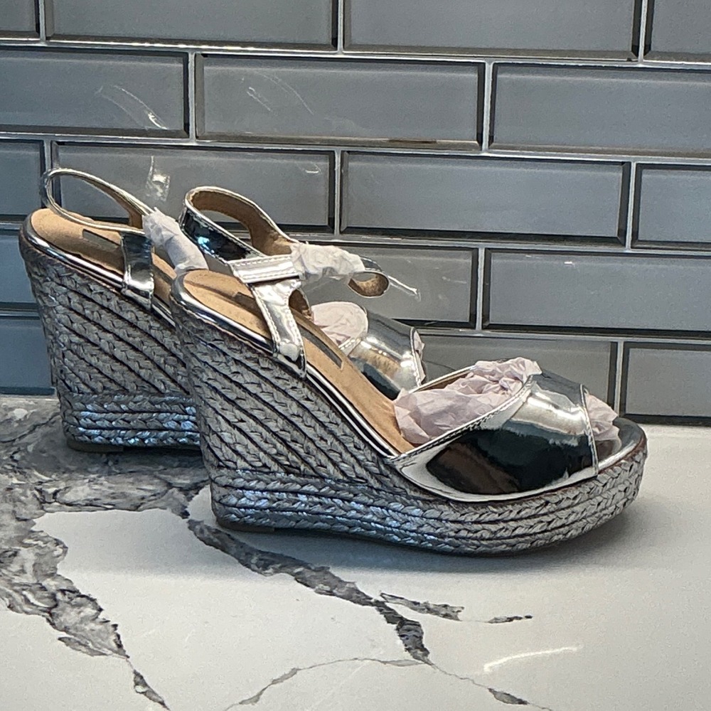 Lina Silver Metallic Espadrille Platform Wedge Sandals 8.5 Open Toe Ankle Strap - Picture 3 of 6